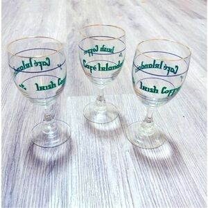 Set of 3 vintage retro collectible Irish Coffee stemmed bar glasses. Gold rimmed